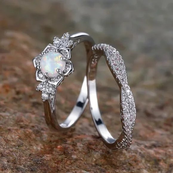 NEW 18k White Gold Opal Ring Set of 2 Stackable Rings - Picture 4 of 6